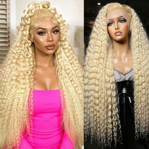 HUANGCAI 42 Inch 13x6 613 Lace Front Wig Human Hair 200% Density Blonde Deep Wave 13x6 HD Lace Frontal Wigs Pre Plucked Hairline Water Wave Curly Wig for Women