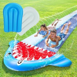 TOY Life 20FT Giant Shark Water Slides for Kids Backyards Lawn with 2 Bodyboards, 2 Lane Slip Splash and Slide Summer Toys Waterslide with Built-in Sprinkler for Backyard Outdoor Shark Water Toys Fun