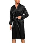 Irdcomps Men's Kimono Dressing Gown Silk Robes Satin Long Bathrobe Lightweight Nightgown Classic Nightwear Long Sleeve Sleepwear with Pockets Loungewear Black M