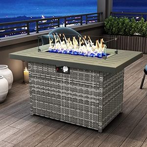KHOLH 44 Inch Propane Gas Fire Pits Table for Outside Patio, 60000 BTU Rectangular Outdoor Wicker Rattan Fire Pit with Glass Wind Guard