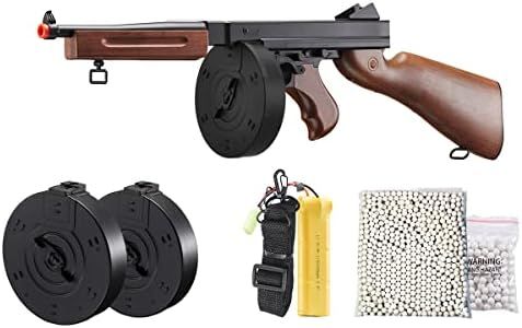 Airsoft Tommy Thompson Submachine Gun WW2 Chicago Typewriter Full Auto Electric SMG AEG with Extra Drum Magazines, Battery and Charger (Faux Wood)