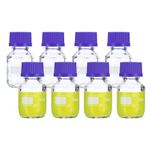 PATIKIL 8 Pack Reagent Media Storage Bottles, 50ml Borosilicate Glass Graduated Round Bottles with GL32 Blue Screw Cap for Lab Water Reagent Liquids, Clear