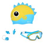 Boldfit Dino Theme Kids Swimming Set, 5-in-1 Combo with Silicone Swim Cap, Anti-Fog Adjustable Goggles, Earplugs & Nose Clip, Leak-Proof, Comfortable & Durable Swim Kit for Boys & Girls