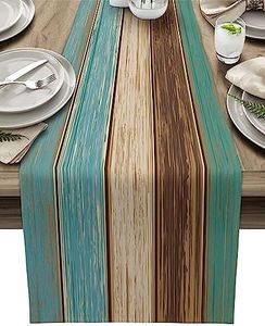 Vandarllin Cotton Linen Table Runner Dresser Scarves Retro Rustic Barn Wood&Teal Green Brown Non-Slip Burlap Rectangle Table Setting Decor for Wedding Party Holiday Dinner Home, 13"x70"