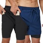 frueo 2 Pack Men's 2 in 1 Running Shorts Dry Fit Workout Shorts Lightweight Compression Shorts Breathable Base Liner for Men with Zipper Pocket(0602) Black Navy-S