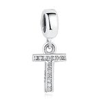 FeatherWish Sterling Silver 925 Letter A-Z Charms With Cubic Ziconia Compatible With Pandora Bracelet (Letter T)