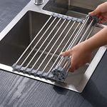 ViWaVee Dish Drainer Rack, Foldable and Removable Stainless Steel Dish Drying Over the Sink, Drying Mat, Sink Drainer Rack for Cups, Fruit, Vegetables, Super Kitchen Organiser (Grey 43 * 35cm)