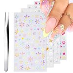 THR3E STROKES Flower Nail Art Stickers, 5D Embossed Nail Decals Nail Art Design Self Adhesive Nail Supplies with Nail Tweezer, Colorful Flower Nail Stickers for Women Manicure Decoration