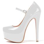 SAMMITOP Women's Round Toe High Heel Mary Jane Dress Pumps Platform Stiletto Shoes, White, 13