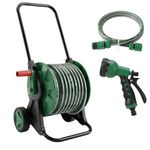 30M Garden Hose Pipe Reel Cart on Wheels | 28.5m Water Pipe | 1.5m Leader Hose | Hosepipe Trolley with Rewind Handle | 7 Mode Spray Gun | Freestanding | Tap Connectors | Car Pressure Washer Compatible