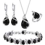 Ever Faith Women's Jewellery Sets Black Jewellery Sparkly Cubic Zirconia Birthstone Teardrop Necklace Earring Bracelet Ring Jewelry Sets for Women Birthday Gifts 4 PCS Silver-Tone