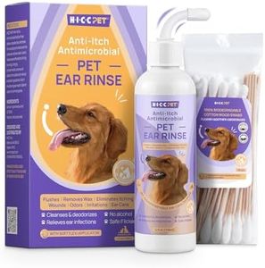 HICC PET Dog Ear Cleaner - Dog Ear Inflammation Therapy with 0.012% Hypochlorous Acid for Itch Relief, Soothe Ear Inflammation, Removes Wax, Odor, with 30 Cotton Swabs, 4 Fl oz