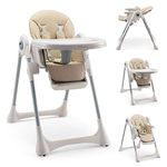 COSTWAY Adjustable Baby Highchair, Foldable Reclining Infants High Chair with Removable Double Trays, Safety Harness and Footrest, Suitable for from 7 Months to 25kg (Beige)