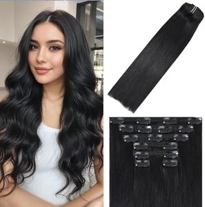 WindTouch Natural Black Hair Extensions for Women Clip in, 14 Inch 120g 7Pcs Black Human Hair Clip in Extensions, Clip on Hair Extensions Remy Hair Extensions for Women Full Head Natural Straight