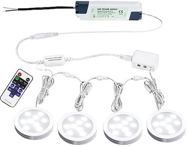 AIBOO LED Under Cabinet Lights Linkable Kit 12V Slim Aluminum Puck Lights with Wireless RF Remote Control & Hardwired Driver for Kitchen Lighting (4 Lights Day White)