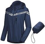 CREATMO US Women's Waterproof Running Workout Rain Jackets Cycling Windbreaker Packable Reflective Travel Hoodie Navy Blue S