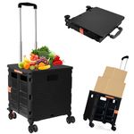 Foldable Utility Cart Folding Portable Rolling Crate Handcart Shopping Trolley Wheel Box with Lid Wear-Resistant Noiseless 360°Rotate Wheel for Travel Shopping Moving Storage Office Use (Black)