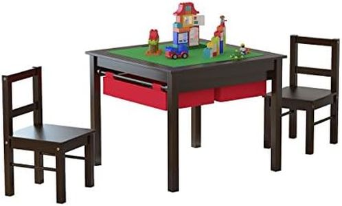 UTEX Wooden 2 in 1 Kids Construction Play Table and 2 Chairs Set with Storage Drawers, and Built in Plate Compatible with Lego and Duplo Bricks(Espresso with Red Drawers)