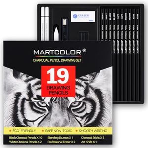 MARTCOLOR Charcoal Drawing Set, 19 Pieces, Black & White Charcoal Pencils for Drawing, Sketching, Shading, Blending, Artist Pencils for Beginners & Pro Artists