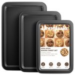 HONGBAKE Cookie Sheets for Baking Nonstick, Baking Sheets for Oven with Wider Grips, 3 Pack Half/Jelly Roll/Quarter Baking Tray, Heavy Duty Oven Tray - Dark Grey