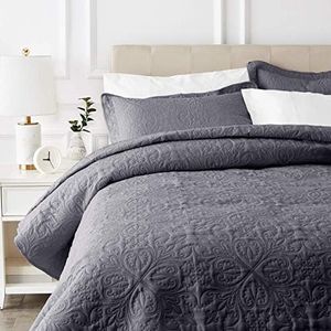 Amazon Basics Oversized Quilt Bed Set, Embossed Coverlet and Shams - King, Dark Gray Floral