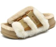 KuaiLu Womens Fuzzy Platform Open Toe Slippers with Arch Support Fluff Furry Slides Orthotic Faux Rabbit Fur Sandals Indoor Outdoor Beige Size 10