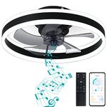 DewShrimp Flush Mount Ceiling Fan with Lights Bladeless Ceiling Fan with Bluetooth Speaker App and Remote Control Quiet Low Profile Ceiling Fan LED Stepless Dimming 3 Colors 6 Speeds Reversible 19.7in