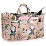 IGNPION Printed Insert Handbag Purse Organiser 13 Pockets Expandable Liner Bag Pouch Zipper Closure Tote Organiser Diaper Bag Insert with Handle (Orange-Pink Flower)