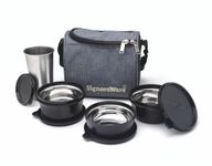 Signora Ware Monarch Best Microwave Safe Steel Lunch Box (3 Stainless Steel Containers + Steel Tumbler + Insulated Bag, 350Ml+350Ml+200Ml +370Ml Steel Tumbler, Set of 4, Black Office Series)