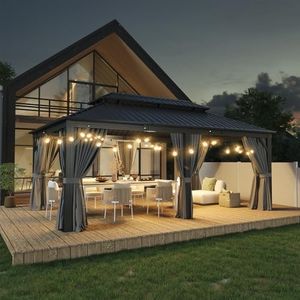 Aoxun 12' X 20' Hardtop Gazebo, Galvanized Steel Double Top, Aluminum Metal Gazebo, and LED Outdoor Waterproof Hanging Lights