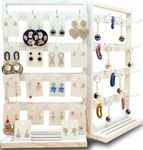 Jewack Wooden Foldable Jewelry Display Stand with Removable 32 Hooks, Earring Cards necklace bracelet Keychain Showcase Merchandise Organizer For Selling For vendor events(White)