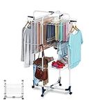 johgee 3-Tier Clothes Drying Rack, Collapsible Drying Rack Rolling Folding Dryer Hanger Laundry Racks with 4 Hooks and Wheels, Extendable Length 54 Inch, Foldable Drying Rack for Large Families