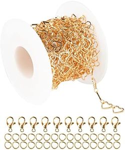 YOUBEIYEE 16.4 Feet Gold Plated Heart Chain Brass Handmade Embossed Link Chains Bulk on Spool with Open Jump Rings Lobster Clasps for Bracelet Necklace Jewelry Making