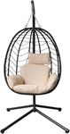 RUN.SE RUN.SE Single Hanging Egg Chair with Stand Cushion Headrest，All Steel Support Frame and Base, Foldable Wicker Rattan Hammock Chair 350lbs for Indoor Outdoor，Black