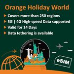 Orange Holiday Worldwide Prepaid eSIM Card | Internet Data in 5G/4G LTE (Data tethering Allowed) | Supports Over 250 Regions- Europe USA Canada Asia Africa| Orange Official Authorized