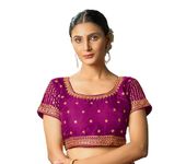 Pujia Mills Women's Wine Readymade Blouse Embroidery Multi Coding Gold Thread Indian Ethnic Designer Blouse Stitched Women's Readymade Short Sleeve Saree Blouse for Women for Saree Lehenga Choli