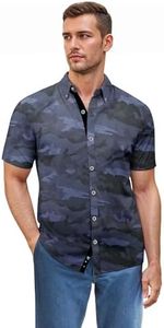 ETHANOL Men Classic Slim Fit Woven Short Sleeve Wrinkle Resistant Print Shirt MSTL46568 NVYCMO NAVYCA M