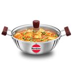 Hawkins 4 Litre Deep Kadhai, Triply Stainless Steel Kadai with Glass Lid, Flat Bottom Induction Kadhai, Big Kadai, Silver (SSK40G)