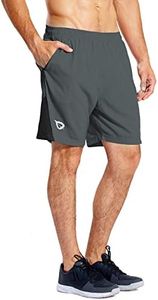BALEAF Men's 7" Running Shorts with Mesh Liner Zipper Pocket for Athletic Workout Gym Gray Medium