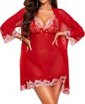 RSLOVE Sexy Lingerie for Women Lace Babydoll with Robe Nightdress Sleepwear Red White Small