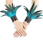 MAOFENG Women's Gothic Lace Feather Gloves Feather Arm Sleeve Wristband Mesh Cuff Cosplay Wedding Halloween Party Costume Accessories,Aqua Blue