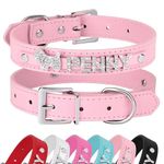 Didog Smooth PU Leather Custom Dog Collars with Rhinestone Personalized Name Letters, Fit Small Medium Dogs, Pink, S