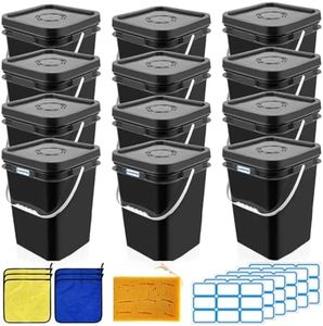 Zansens 12 Pcs 5 Gallon Paint Bucket with Lid,Thickened Square Plastic Bucket Food Storage Container Industrial Buckets (with DIY Label Sticker Towel and Brush) for Paint Storage Barrels Garage Garden
