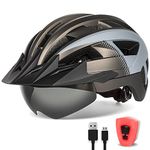 FUNWICT Adult Bike Helmet with Visor and Goggles for Men Women Mountain Road Bicycle Helmet Rechargeable Rear Light Cycling Helmet (L: 57-61 cm (22.4-24 inches), TiGrey)