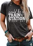 Could Be A Train Station Kinda Day Ladies Casual O Neck Short Sleeved top Funny Monogram Print Funny Design T-Shirt Shirt, Dark Grey, Medium