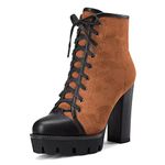 HDEUOLM Women High Chunky Block Platform Heel Round Toe Lace-up Zipper Ankle Boots Short Bootie Shoes Brown A 8 UK