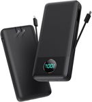 Portable Charger 33800mAh USB C Power Bank with Built-in Cables & AC Wall Plug,25W Fast Charging+QC 4.0 Phone Charger,4 Output LCD Display Battery Pack Compatible with iPhone16/15,Samsung (Black)