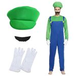 shengo Brother Costume, Halloween Fancy Dress Costume with Bodysuit, Super Brothers Bodysuit, Red Green Cap, Beard and Gloves, Men Carnival Halloween Cosplay Costume for Adult (Green, S)