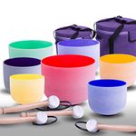 ENERGYSOUND Crystal Quartz Bowls 432 Hz Chakra Tuned Set of 7PCS Colored Frosted Quartz Crystal Singing Bowl 7-12 inch+CanvasBags