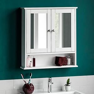 Bath Vida Double Door Bathroom Cabinet, Wood, White, Mirrored Wall Mounted Storage Furniture